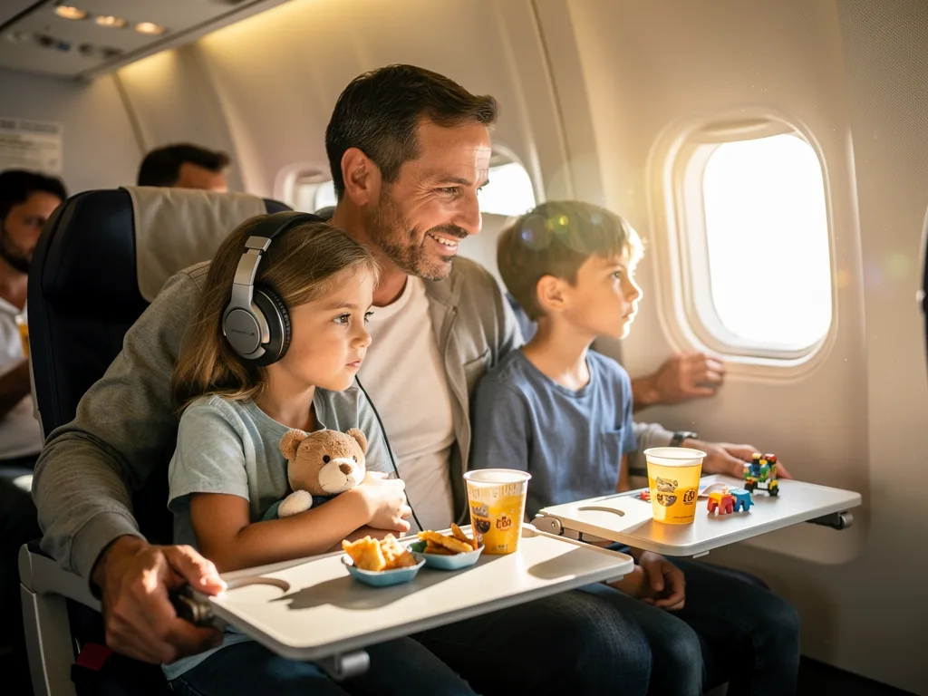 Vater sitzt mit zwei Kindern im Flugzeug; Mädchen mit Kopfhörern und Teddy, Junge spielt am Klapptisch.