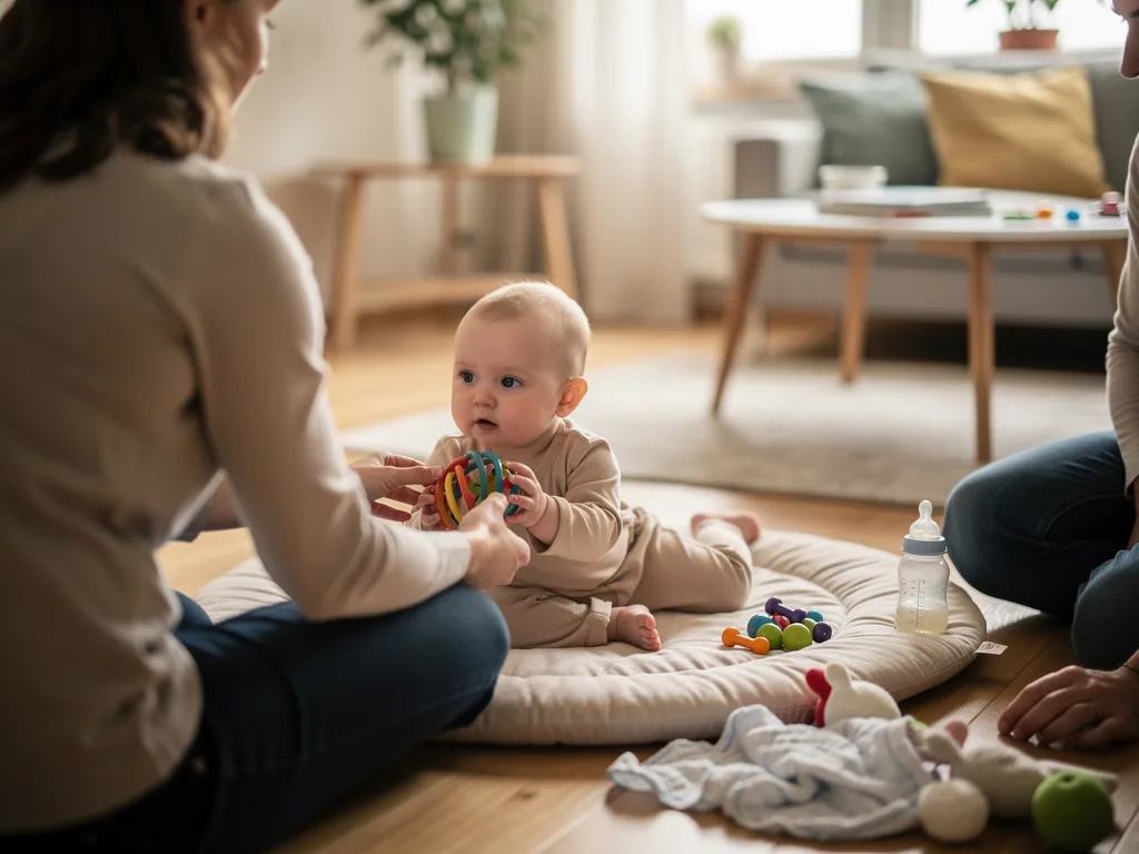 Baby liegt auf einer Spielmatte und greift nach einem bunten Ball, während zwei Erwachsene daneben sitzen.