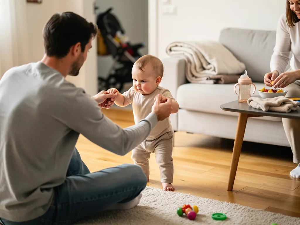 Baby macht an den Händen des Vaters erste Schritte im Wohnzimmer, Mutter bereitet Obst am Tisch vor.