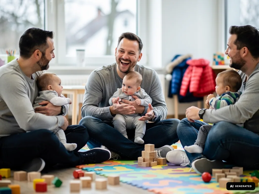 Drei Väter sitzen mit Babys auf einer Spielmatte und unterhalten sich lachend in einem hellen Gruppenraum. (mit KI erstellt)