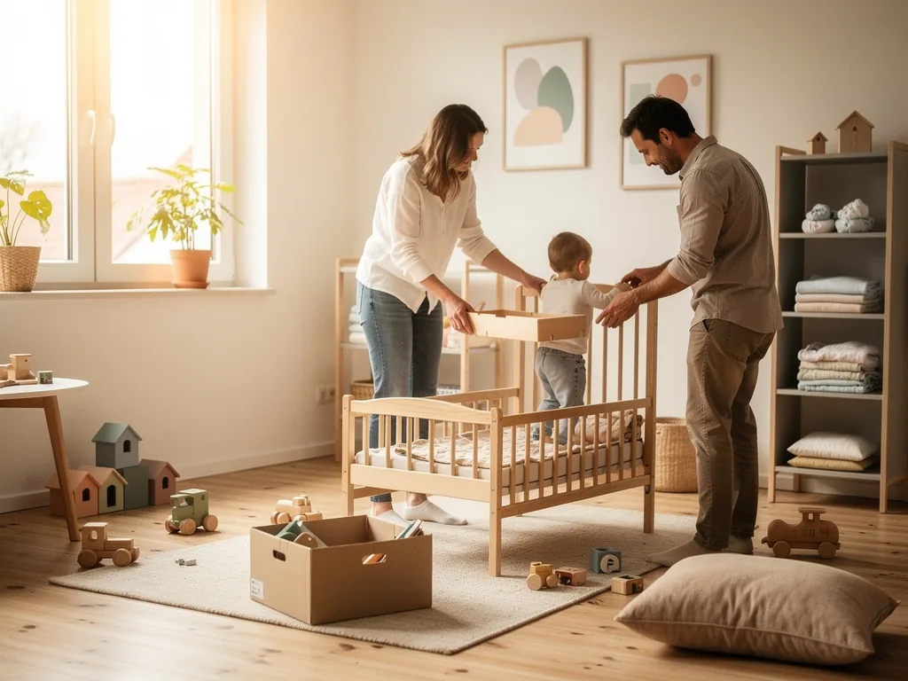 Eltern bauen im hellen Kinderzimmer ein Holzbett auf, während ein Kleinkind am Bett steht.