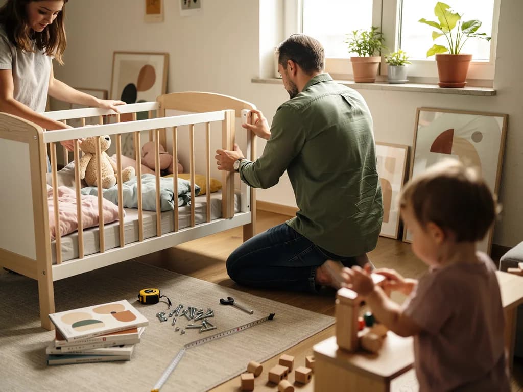 Eltern bauen im hellen Kinderzimmer ein Kleinkindbett auf, während ein Kind im Vordergrund mit Holzspielzeug spielt.