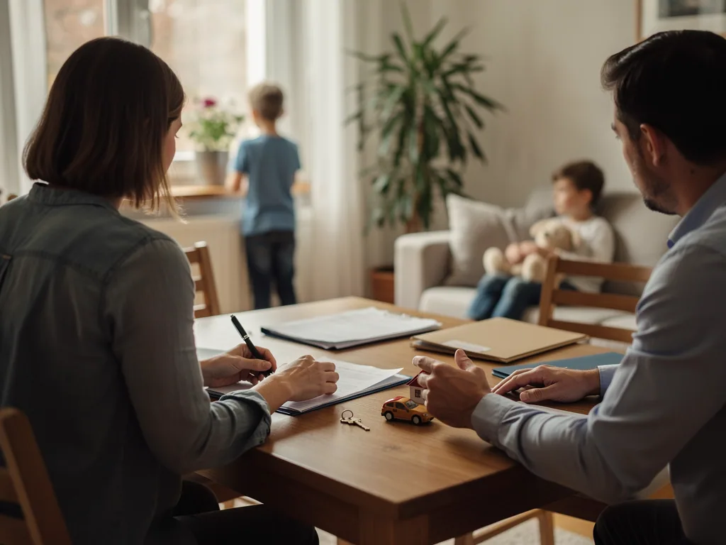 Eltern besprechen Unterlagen am Tisch, während zwei Kinder im Wohnzimmer im Hintergrund sind.