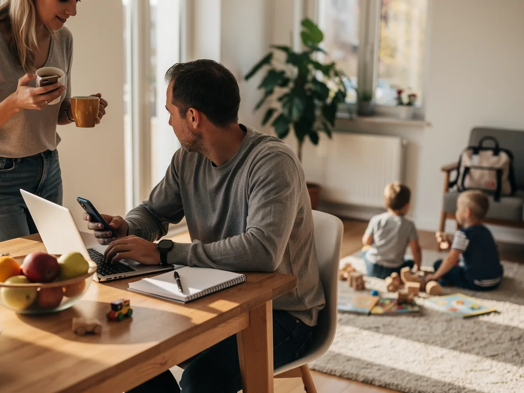 Eltern mit Laptop und Smartphone am Esstisch, während zwei Kinder im Wohnzimmer mit Bauklötzen spielen.