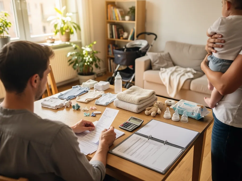 Eltern planen mit Formularen, Rechner und Babykleidung die Babyerstausstattung im Wohnzimmer.