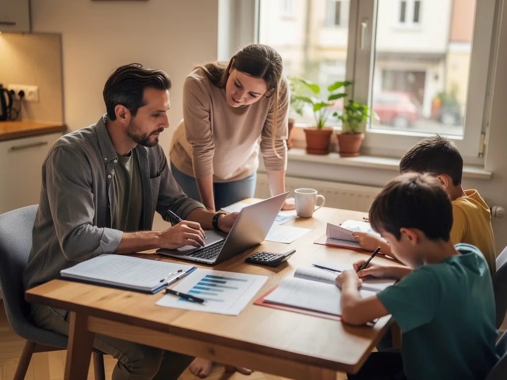 Eltern prüfen am Küchentisch Finanzunterlagen und Laptop, während zwei Kinder Hausaufgaben machen.