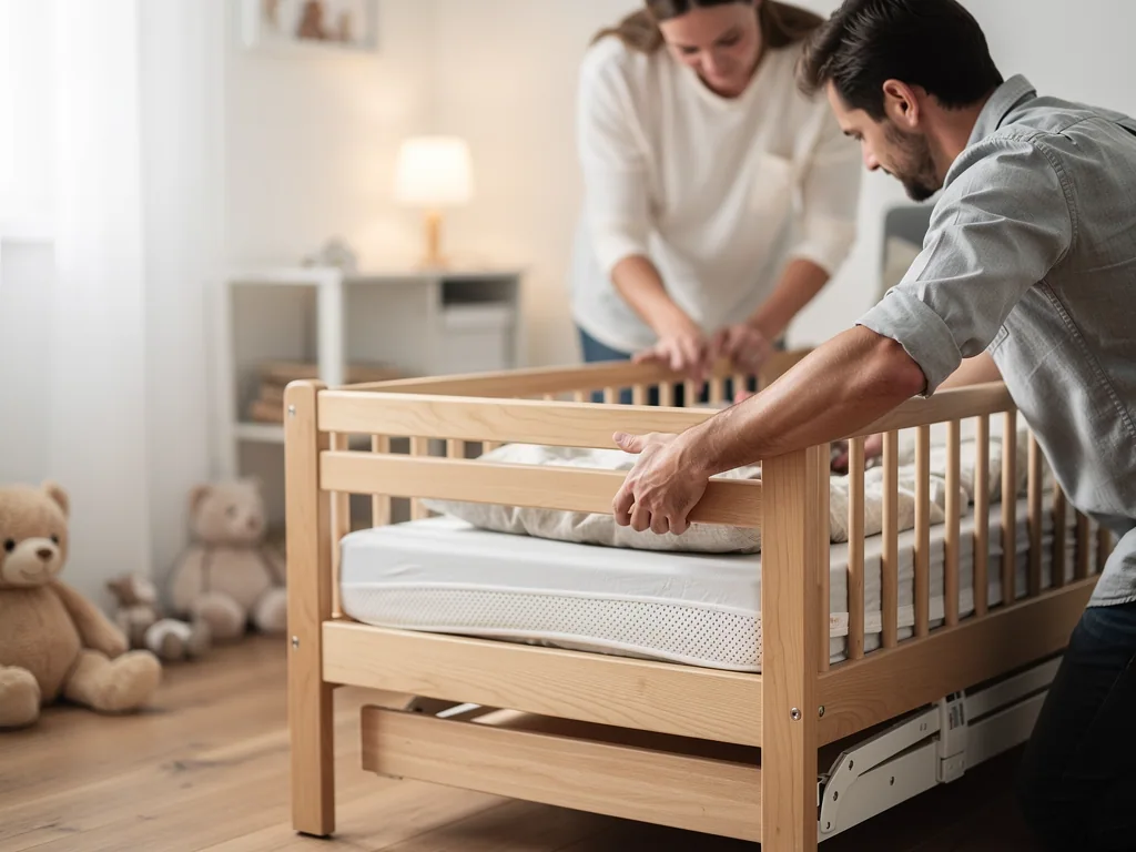 Eltern prüfen ein helles Kinderbett mit Gitterstäben und Matratze im Kinderzimmer.