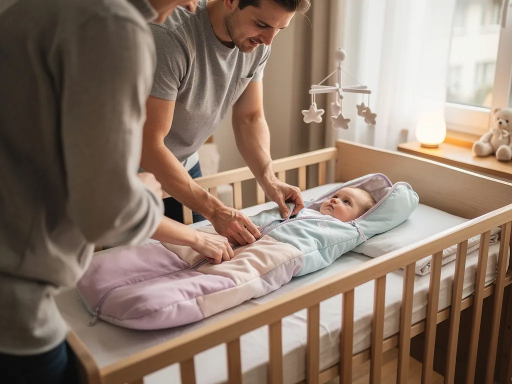 Eltern schließen einem Baby im Gitterbett den Reißverschluss eines pastellfarbenen Babyschlafsacks.