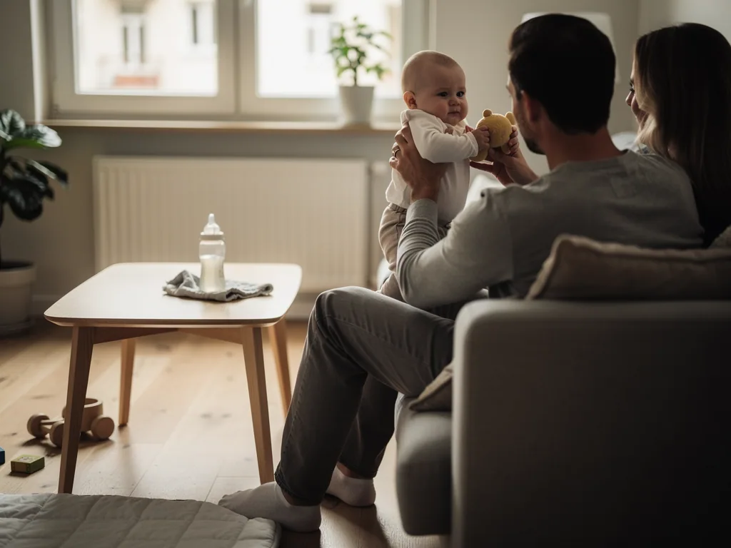 Eltern sitzen auf dem Sofa und halten ihr Baby, das ein kleines Stofftier greift; auf dem Tisch steht eine Babyflasche.