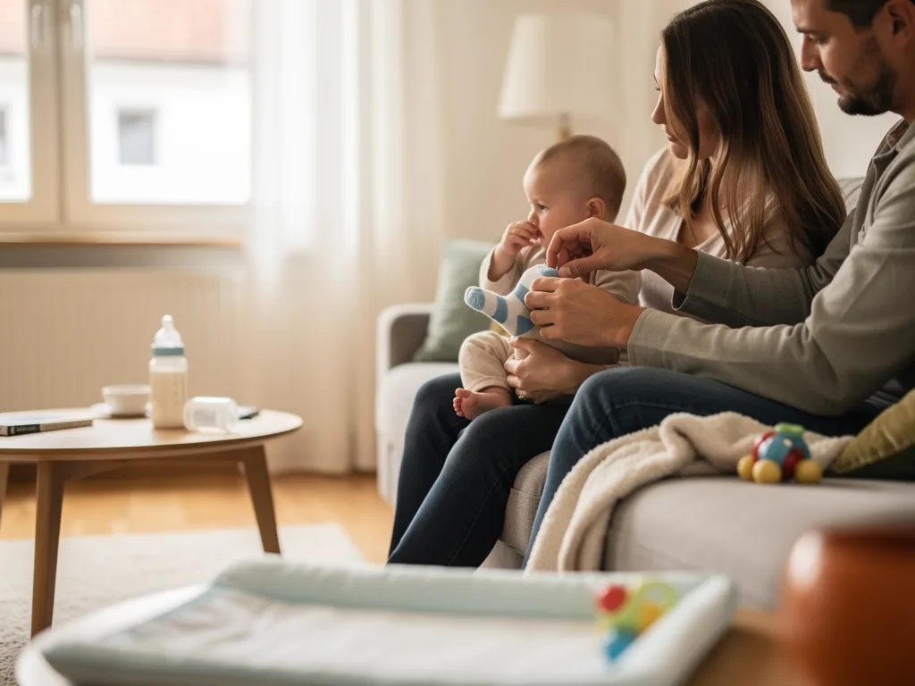 Eltern sitzen mit Baby auf dem Sofa, der Vater zieht dem Jungen blau-weiße Socken an.