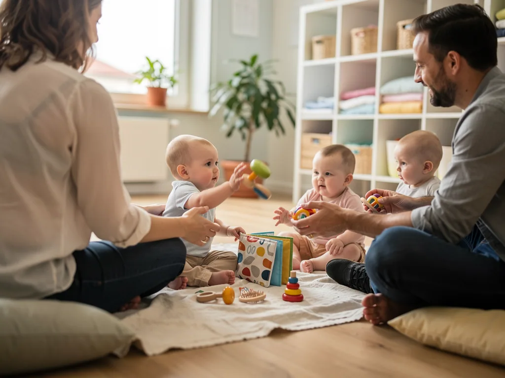 Eltern sitzen mit drei Babys auf einer Decke und spielen in einem hellen Raum mit Babyspielzeug.