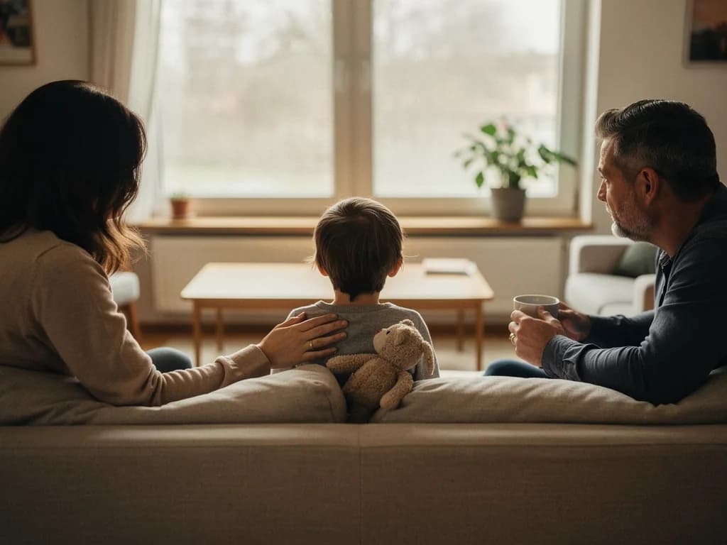 Eltern sitzen mit ihrem Kind und einem Teddy auf dem Sofa und führen ein ruhiges Gespräch im Wohnzimmer.