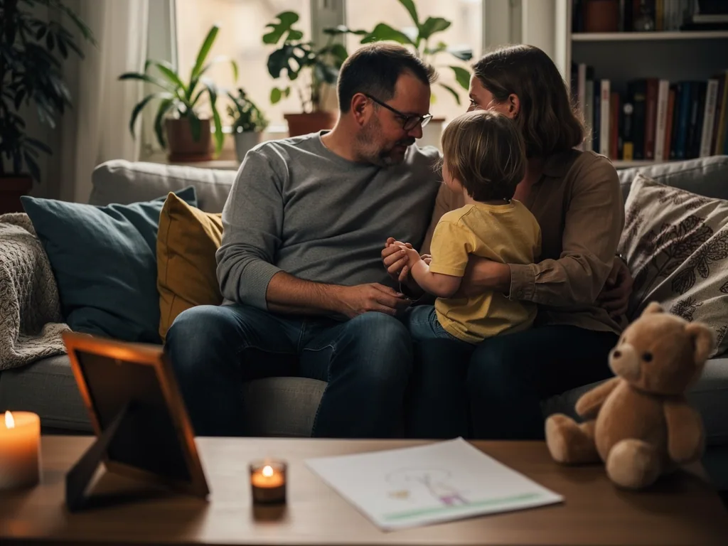Eltern sitzen mit Kind eng umarmt auf dem Sofa, davor Kerzen, Bilderrahmen und Kuscheltier im Wohnzimmer.