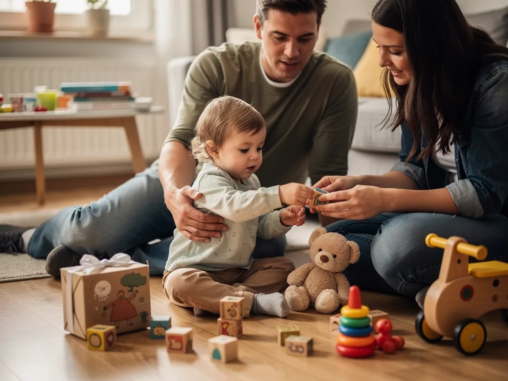 Eltern sitzen mit Kleinkind auf dem Boden und spielen mit Holzklötzen, Teddybär, Stapelturm und Geschenkbox.