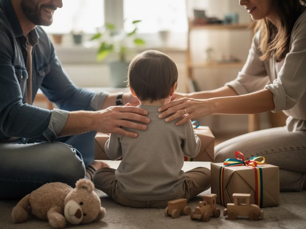 Eltern sitzen mit Kleinkind auf dem Boden vor verpackten Geschenken, Holzspielzeug und Kuscheltier.