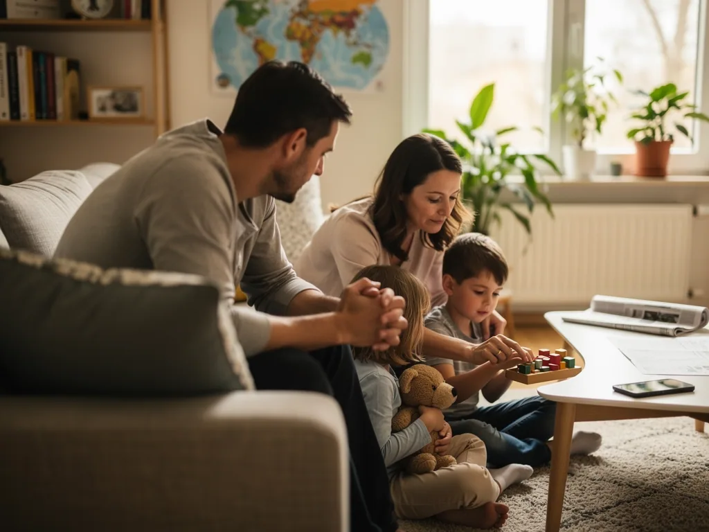 Eltern sitzen mit zwei Kindern im Wohnzimmer; ein Kind hält einen Teddy, daneben liegen Zeitung und Smartphone.