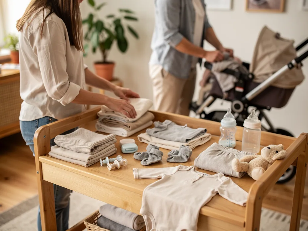 Eltern sortieren Baby-Erstausstattung mit Kleidung, Fläschchen, Schnullern und Kinderwagen auf einer Wickelkommode.