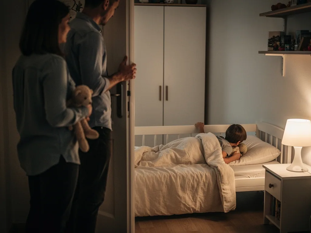 Eltern stehen an der Tür, während ein Kind mit Kuscheltier im eigenen Bett bei Nacht einschläft.