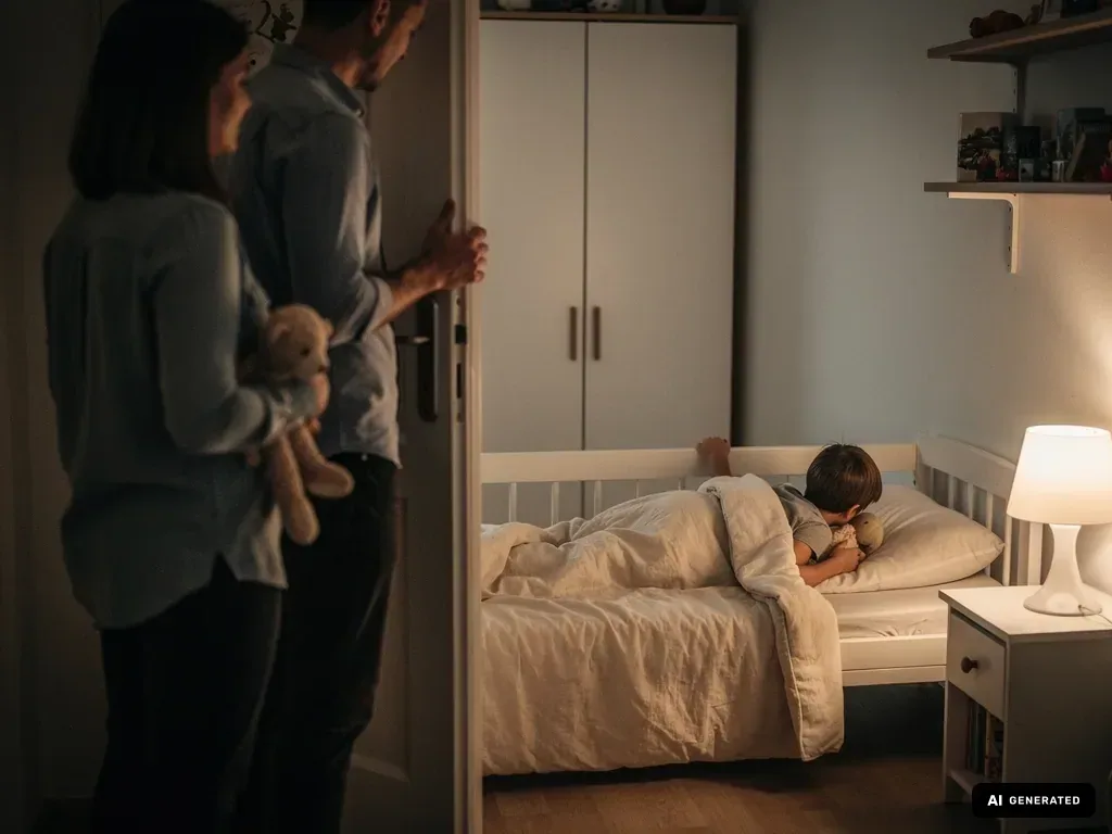 Eltern stehen an der Tür, während ein Kind mit Kuscheltier im eigenen Bett bei Nacht einschläft.