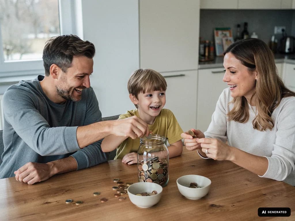 Eltern und Kind sitzen am Küchentisch und sortieren lachend Münzen in ein Sparglas und Schalen. (mit KI erstellt)