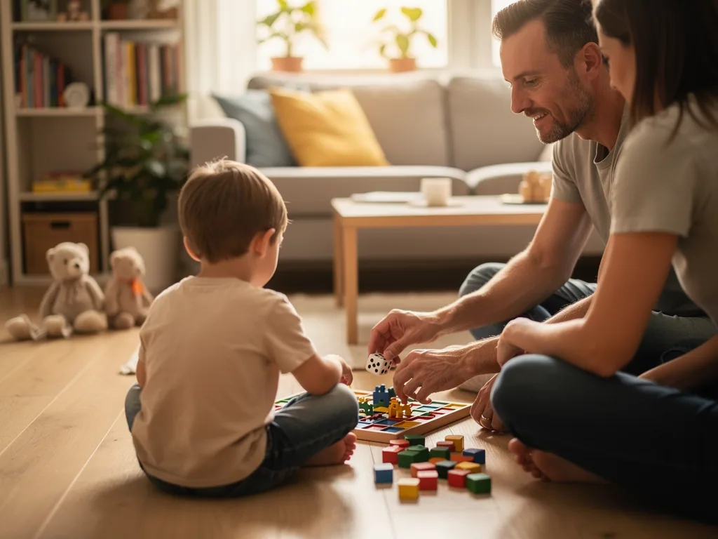 Eltern und Kind sitzen im Wohnzimmer auf dem Boden und spielen ein Brettspiel mit Würfel und bunten Figuren.