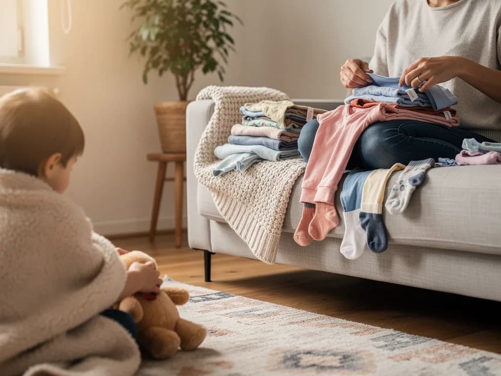 Erwachsene faltet Kinderkleidung auf dem Sofa, während ein Kind mit Teddybär im Wohnzimmer sitzt.