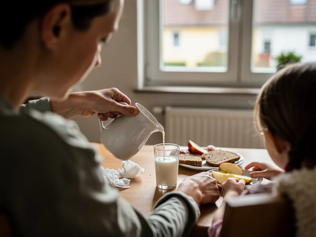 Erwachsener gießt Milch in ein Glas, daneben sitzt ein Kind mit Apfelspalten, Brot und Taschentüchern am Frühstückstisch.