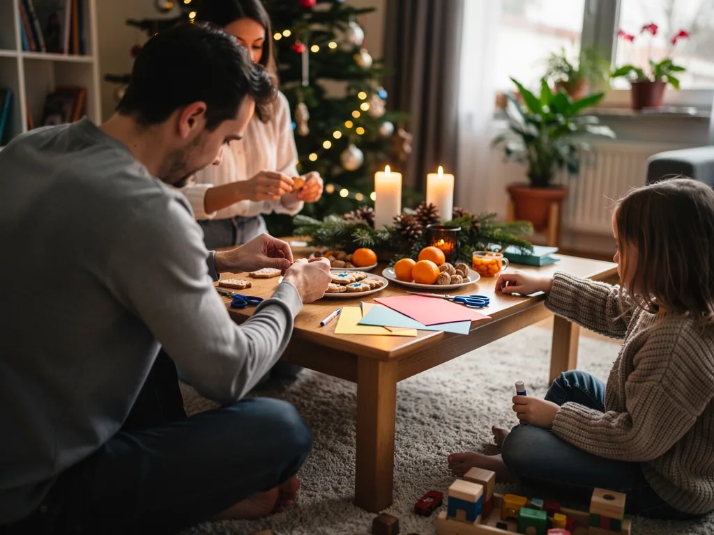 Familie bastelt und verziert Plätzchen am Tisch vor Weihnachtsbaum mit Kerzen und Obst.
