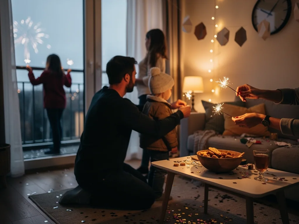 Familie feiert Silvester im Wohnzimmer; Kinder und Erwachsene halten Wunderkerzen, draußen ist Feuerwerk zu sehen.