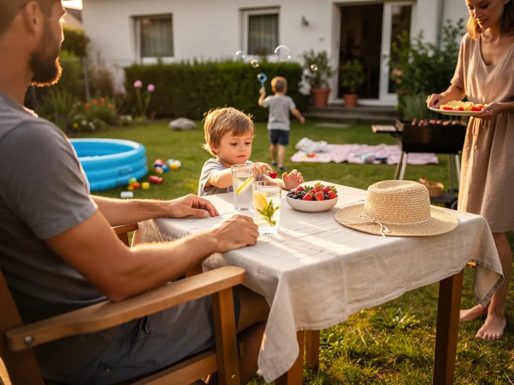 Familie sitzt im Garten am Tisch mit Obst und Getränken, Kinder spielen neben Planschbecken und Seifenblasen.