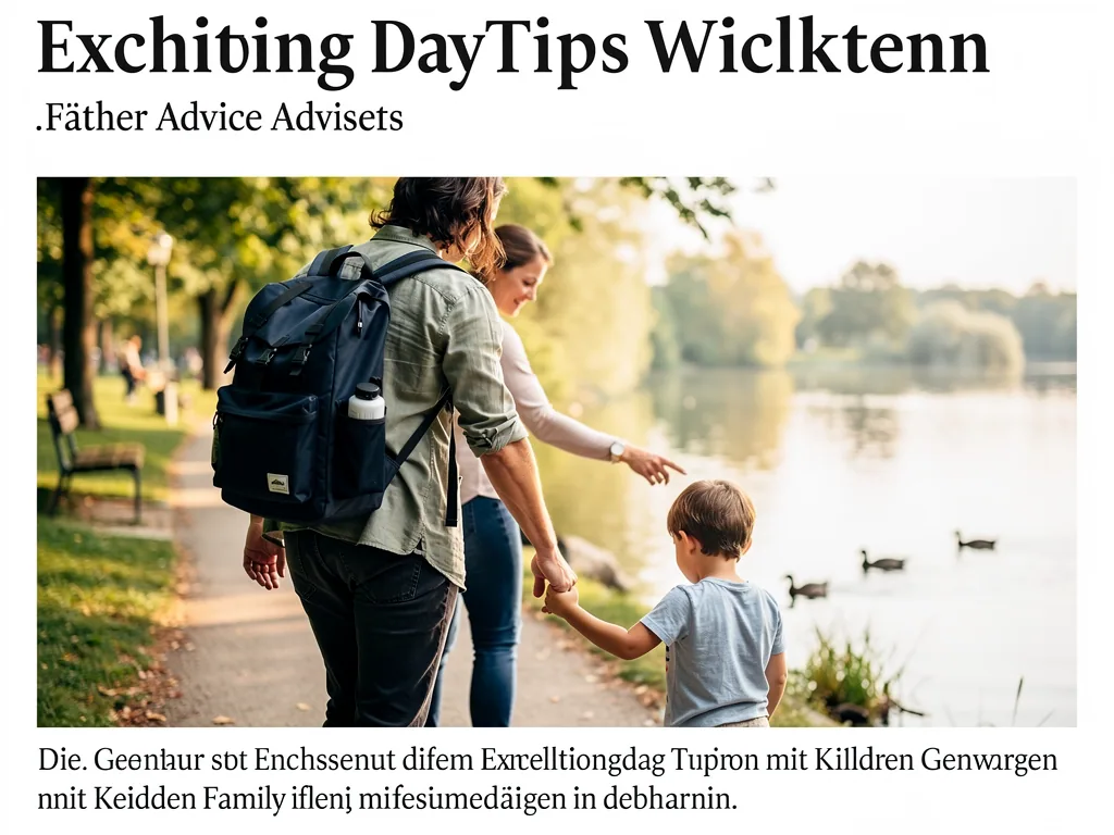 Familie spaziert am See entlang; ein Vater trägt einen Rucksack, ein Kind hält seine Hand, Enten schwimmen im Wasser.