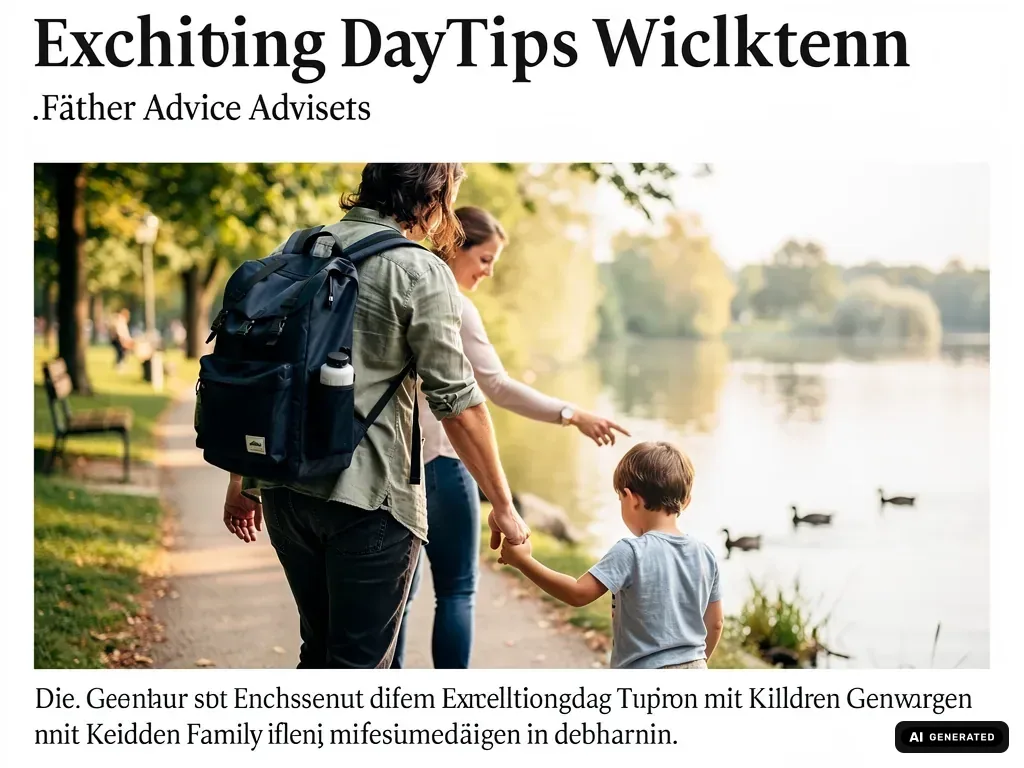 Familie spaziert am See entlang; ein Vater trägt einen Rucksack, ein Kind hält seine Hand, Enten schwimmen im Wasser.