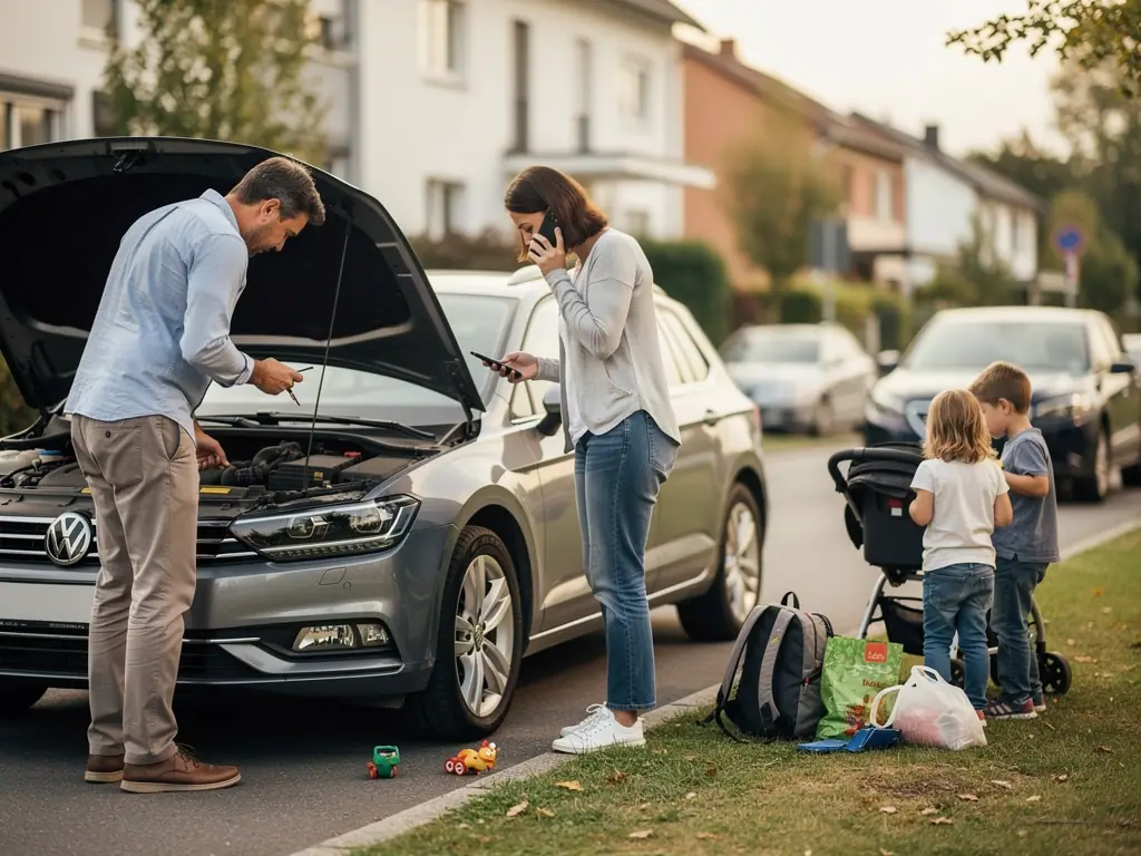 Familie steht neben liegen gebliebenem Auto mit geöffneter Motorhaube am Straßenrand, Frau telefoniert, Kinder warten.