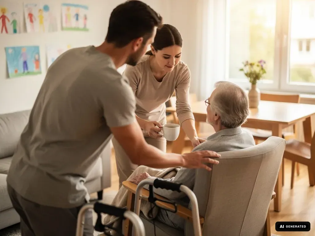 Frau reicht älterem Mann im Sessel eine Tasse, während ein Mann neben ihm steht; Rollator im Wohnzimmer.