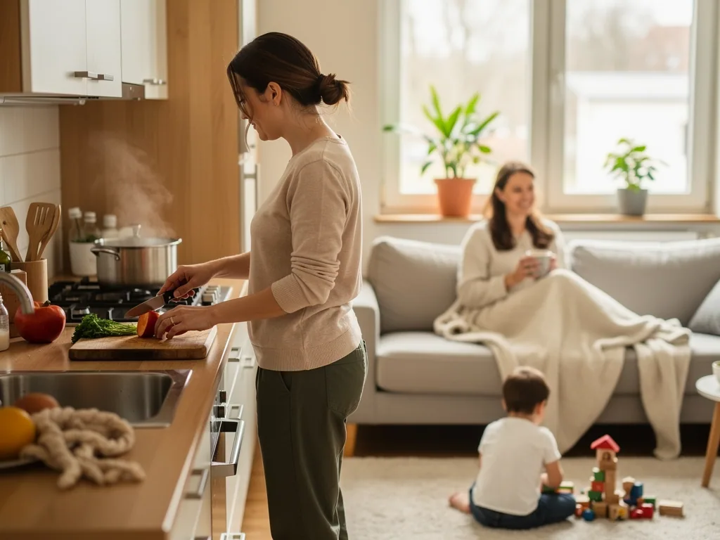 Frau schneidet Gemüse in der Küche, während Mutter und Kind im Wohnzimmer entspannen und spielen.