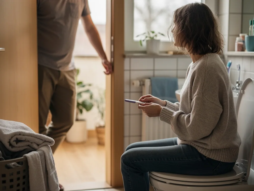Frau sitzt im Bad auf der Toilette und hält einen Schwangerschaftstest, während eine Person in der Tür steht.