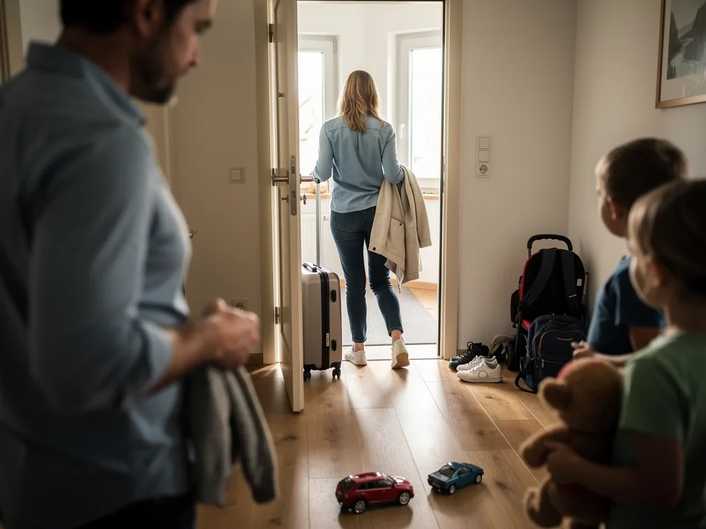 Frau verlässt mit Koffer die Wohnung, während Vater und zwei Kinder im Flur zurückbleiben.