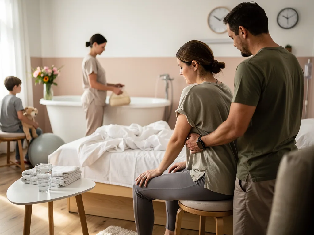 Gebärende sitzt im Geburtshaus auf einem Hocker, Partner stützt sie, Hebamme bereitet Wanne vor, Kind wartet daneben.