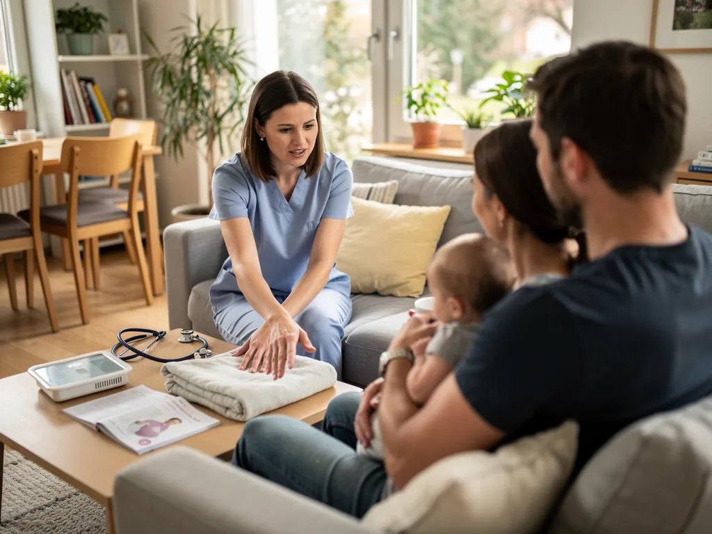 Hebamme berät Eltern mit Baby im Wohnzimmer, auf dem Tisch liegen Stethoskop, Gerät und Infomaterial.