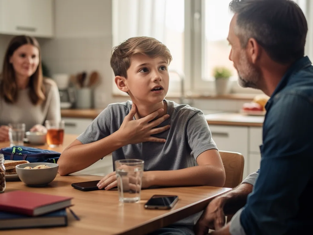 Junge hält sich am Küchentisch den Hals und spricht mit seinem Vater, die Mutter sitzt im Hintergrund.