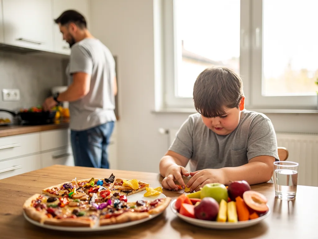 Junge sitzt am Küchentisch vor Pizza, Obst und Wasser; im Hintergrund bereitet ein Erwachsener Essen zu.