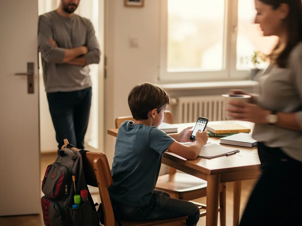 Junge sitzt am Tisch mit Schulheften und nutzt ein Smartphone, während zwei Erwachsene im Raum stehen.
