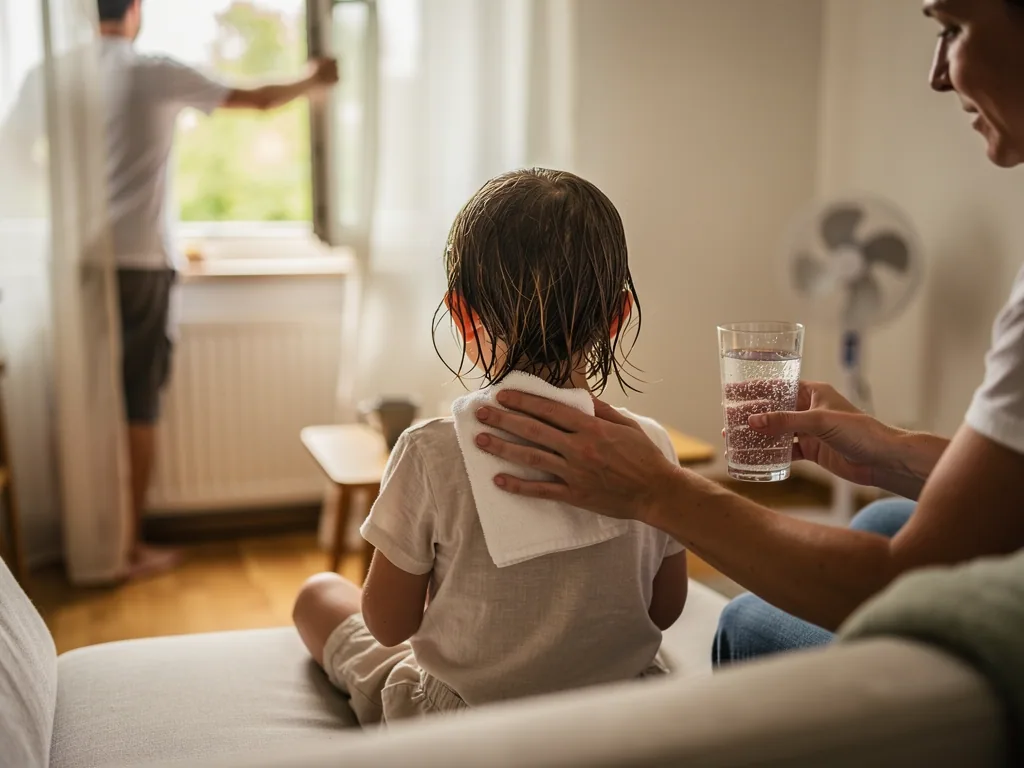 Kind mit feuchtem Haar sitzt auf dem Sofa, Mutter hält Wasser und Tuch, Vater öffnet im Hintergrund ein Fenster.