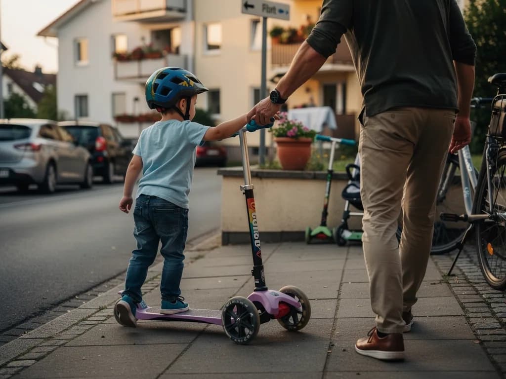 Kind mit Helm fährt auf einem dreirädrigen Tretroller, ein Erwachsener hält seine Hand auf dem Gehweg.
