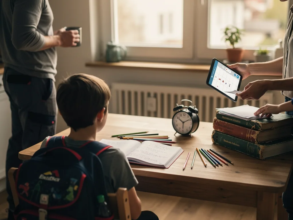Kind mit Schulranzen sitzt am Tisch mit Heft, Stiften, Uhr, alten Büchern und Tablet-Kalender in der Hand eines Erwachsenen.