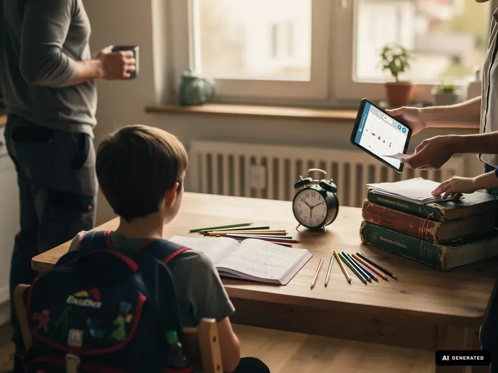 Kind mit Schulranzen sitzt am Tisch mit Heft, Stiften, Uhr, alten Büchern und Tablet-Kalender in der Hand eines Erwachsenen.