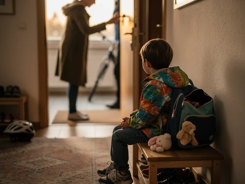 Kind sitzt mit Schulranzen im Flur und schaut zu Erwachsenen an der Haustür.