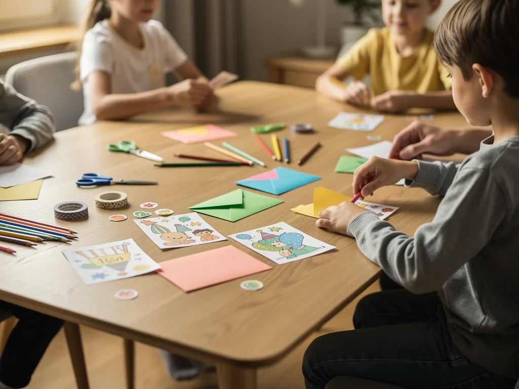 Kinder basteln am Holztisch bunte Geburtstagseinladungen mit Karten, Umschlägen, Stiften, Scheren und Aufklebern.