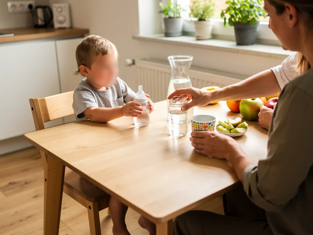 Kleinkind hält eine Trinkflasche am Küchentisch, ein Erwachsener stellt ein Glas Wasser daneben.