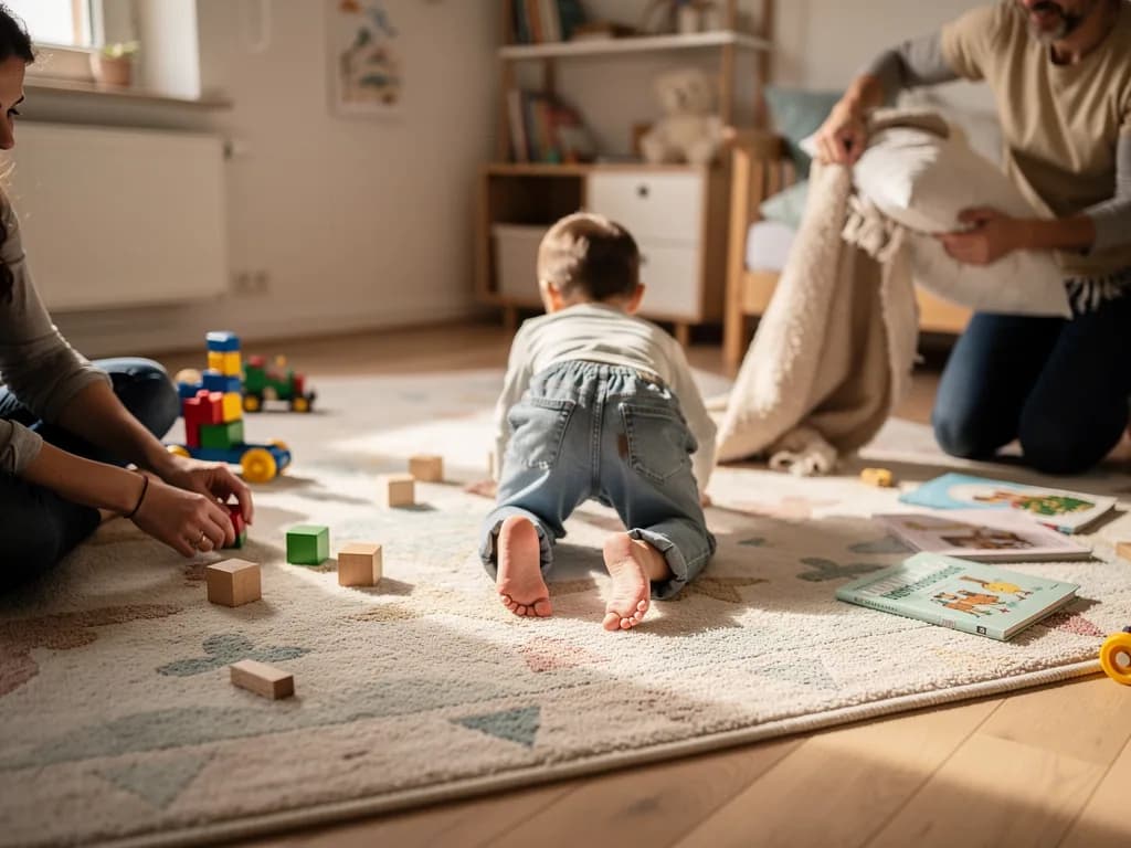 Kleinkind krabbelt auf weichem Kinderzimmerteppich zwischen Bauklötzen, Büchern und Eltern im Spielzimmer.